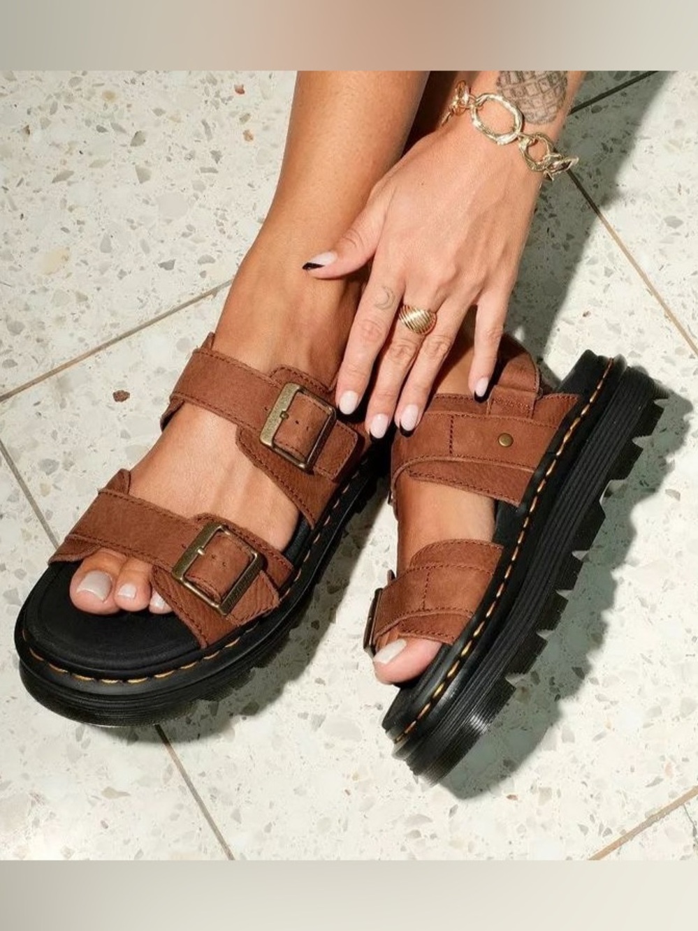 DR. MARTENS Womenās Zebzag Nubuck Platform Sandals-Sepia Brown-Size 8